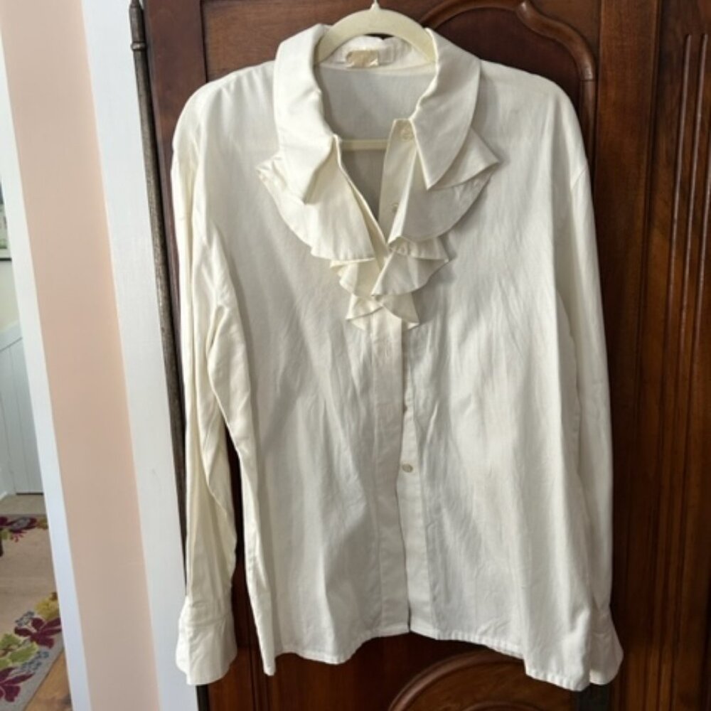 Escada off-white ruffle neck cotton blouse, size EU 40